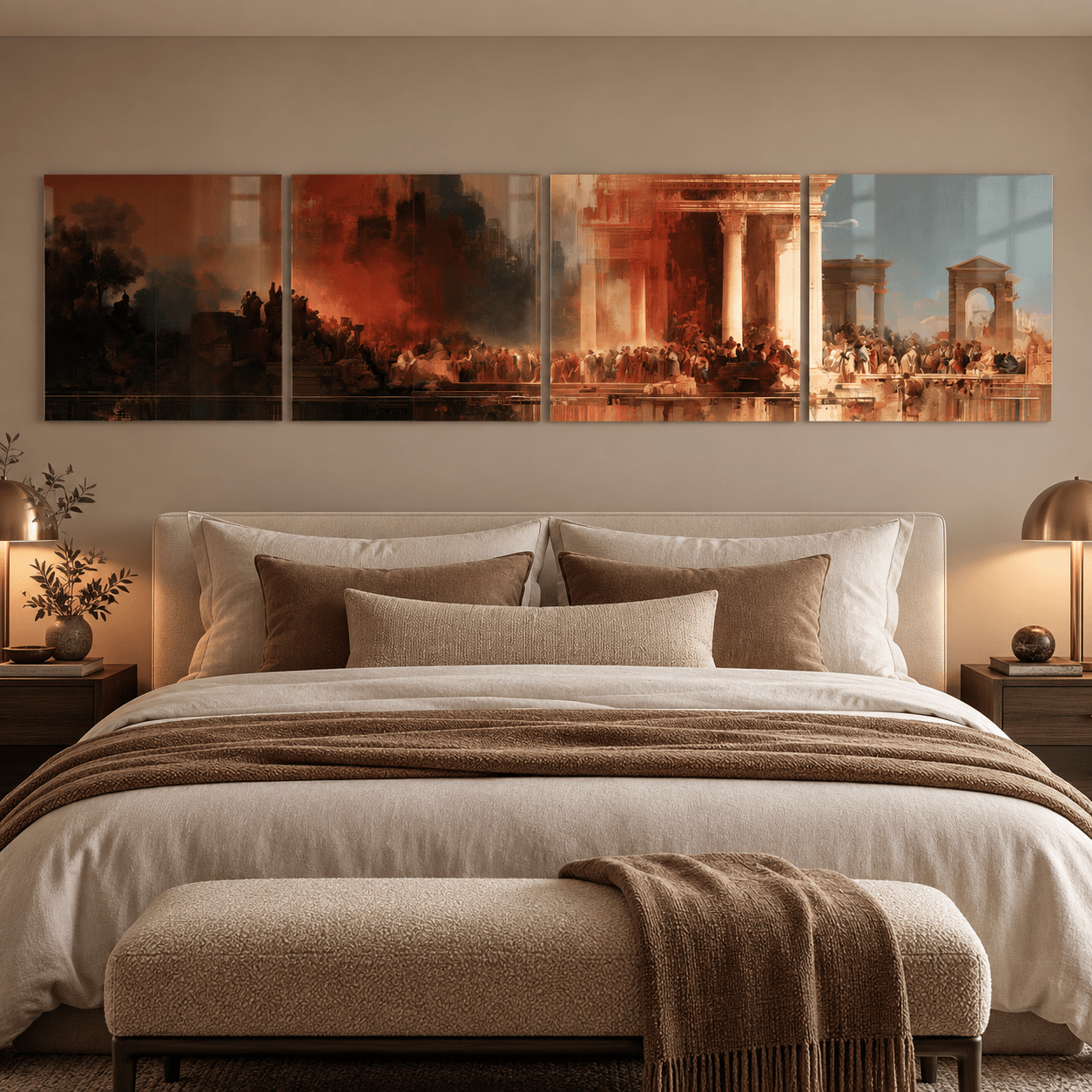 Classical architecture glass wall art hung above a beige upholstered bed in a warm bedroom